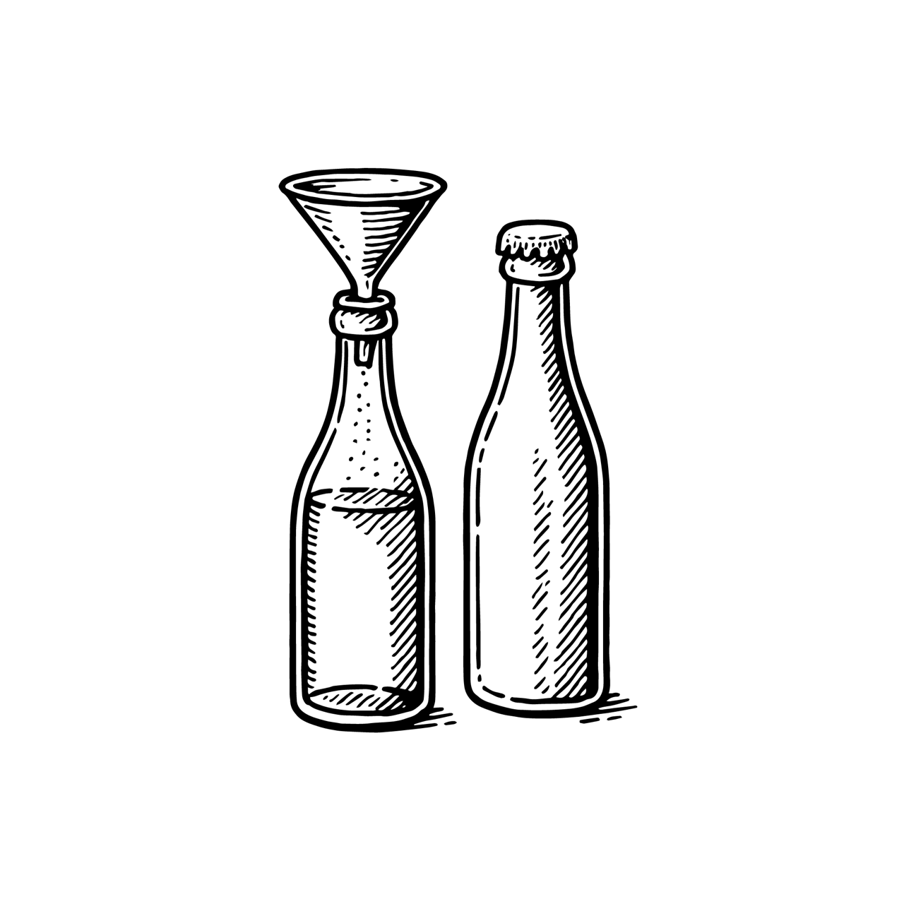 Illustration von zwei Flaschen, eine mit Trichter, als weiße Linienzeichnung auf schwarzem Hintergrund