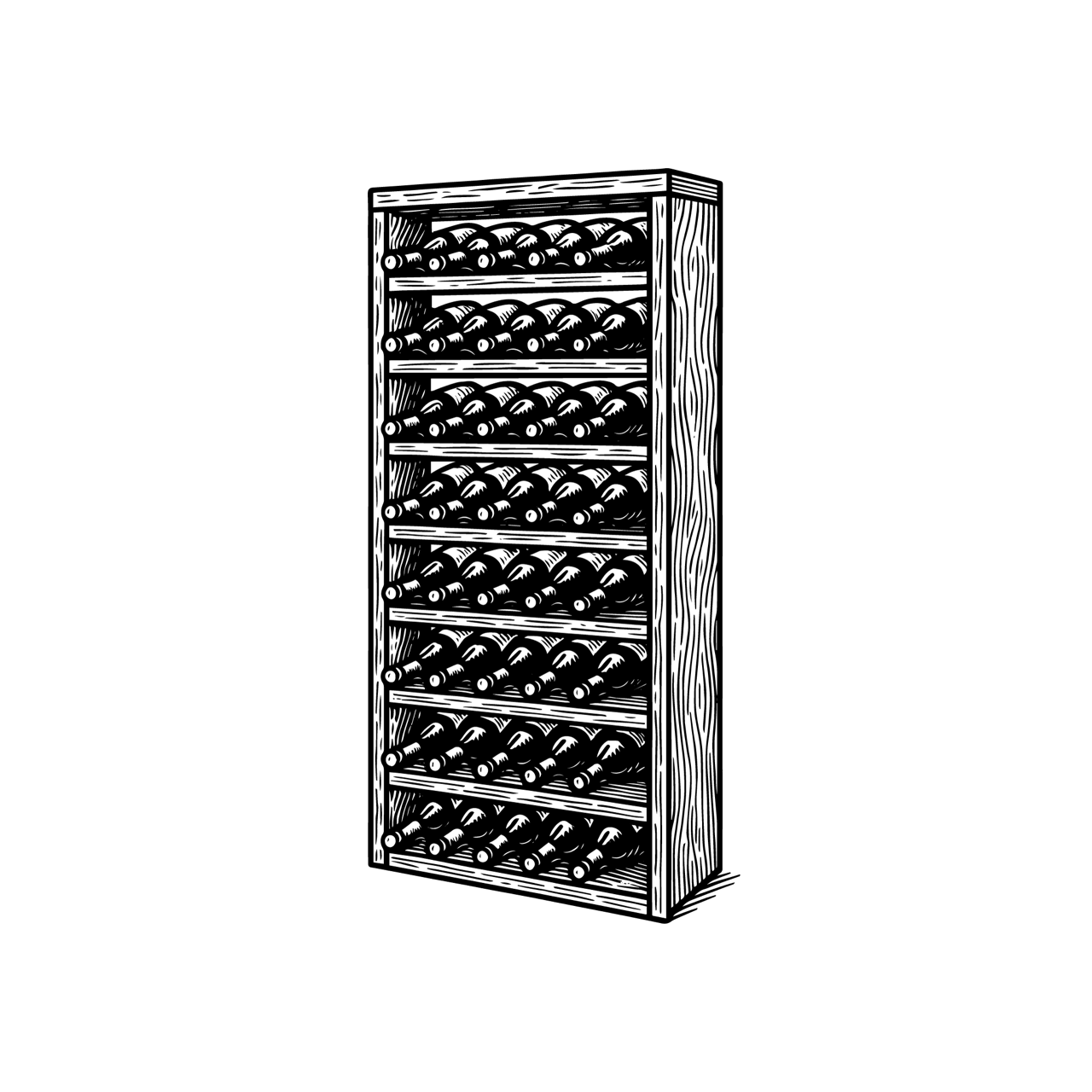 Illustration eines Sektregals mit liegenden Flaschen als weiße Linienzeichnung auf schwarzem Hintergrund