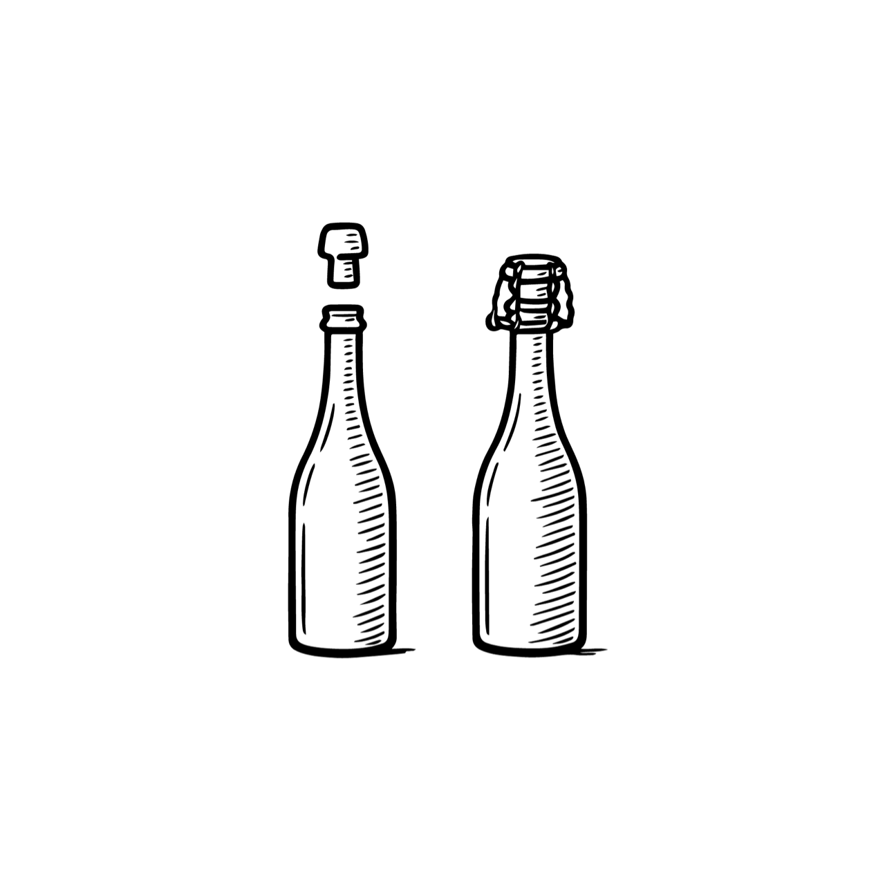 Illustration von zwei Sektflaschen beim Verkorken und Agraffieren als weiße Linienzeichnung auf schwarzem Hintergrund