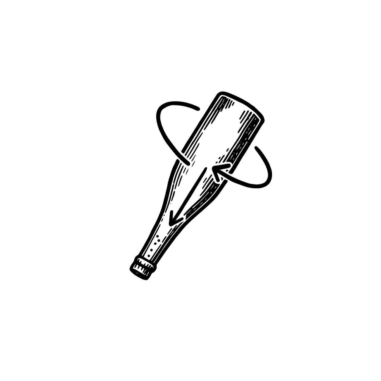 Illustration einer Sektflasche beim Rütteln mit Drehbewegung als weiße Linienzeichnung auf schwarzem Hintergrund