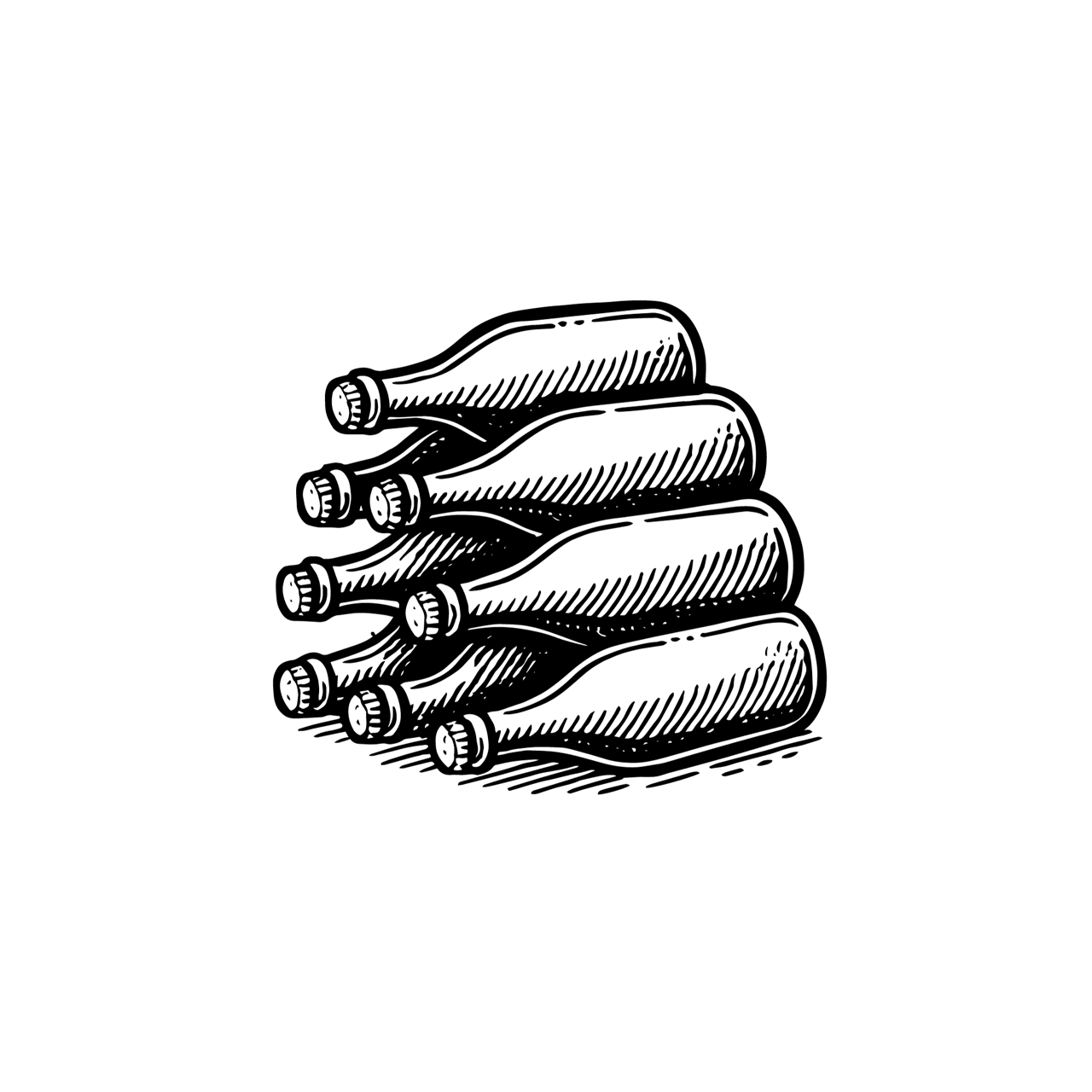 Illustration von mehreren liegenden Flaschen als weiße Linienzeichnung auf schwarzem Hintergrund