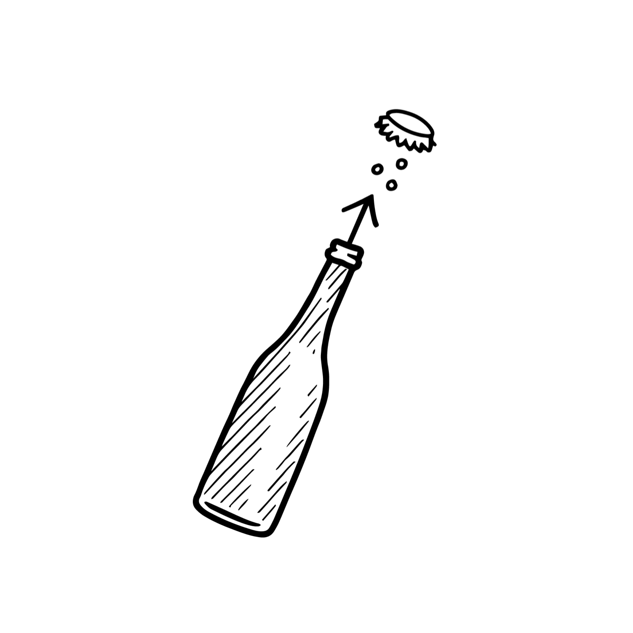 Illustration einer geöffneten Sektflasche beim Degorgieren mit herausspringendem Kronkorken als weiße Linienzeichnung auf schwarzem Hintergrund