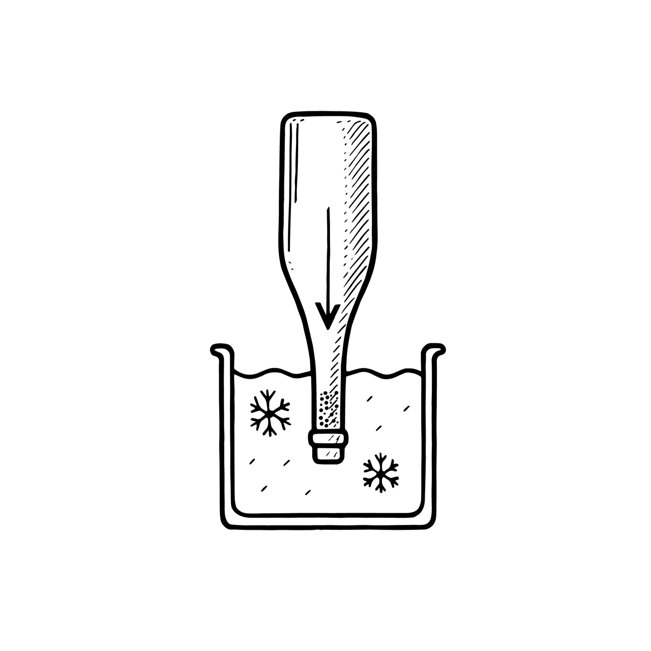 Illustration einer kopfüber stehenden Sektflasche beim Einfrieren des Flaschenhalses als weiße Linienzeichnung auf schwarzem Hintergrund