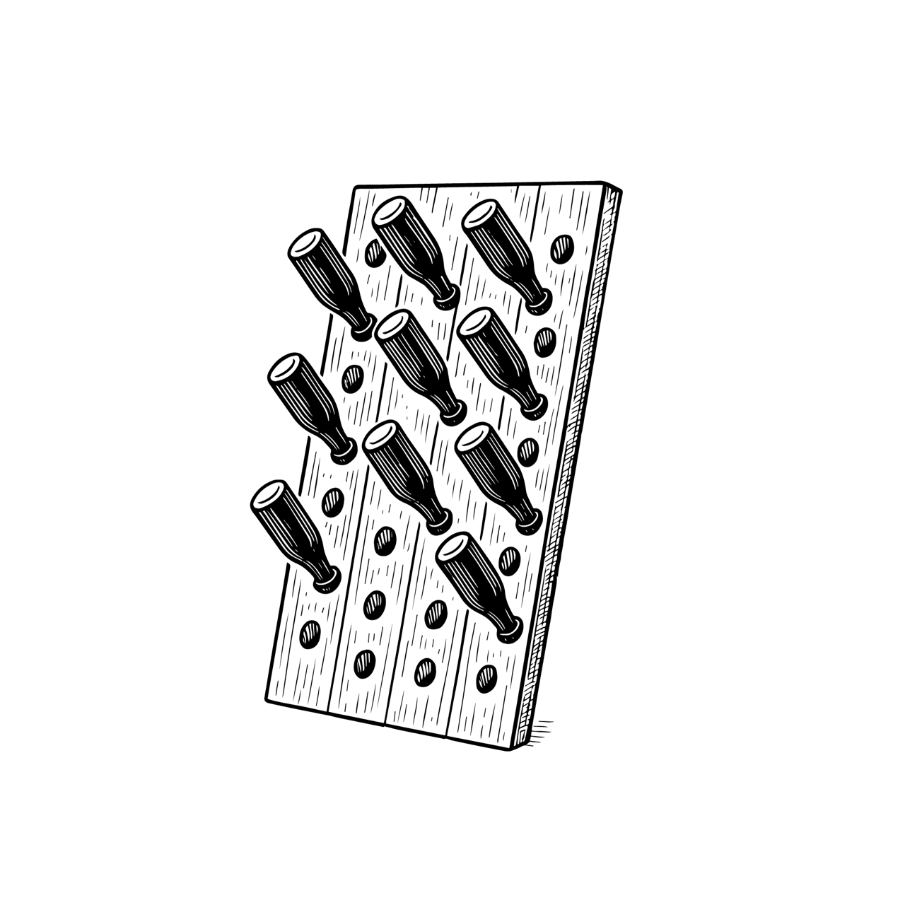 Illustration eines Rüttelpults mit schräg eingesteckten Sektflaschen als weiße Linienzeichnung auf schwarzem Hintergrund