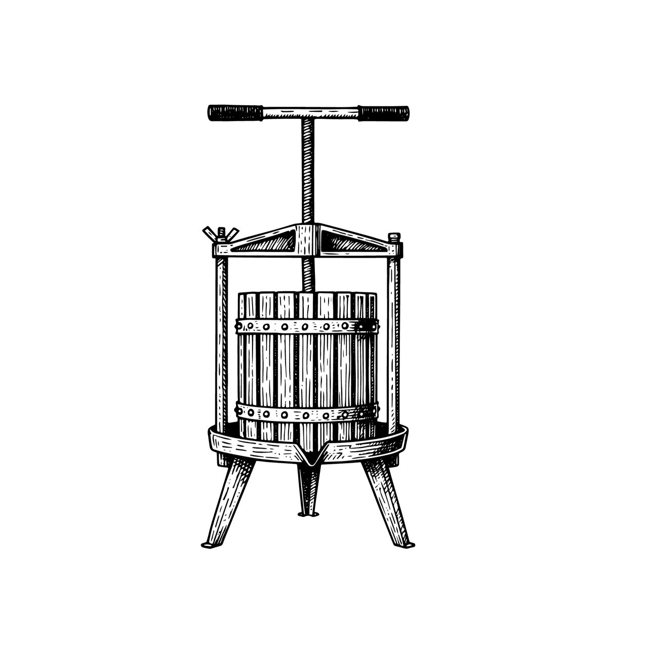 Illustration einer traditionellen Weinpresse als weiße Linienzeichnung auf schwarzem Hintergrund