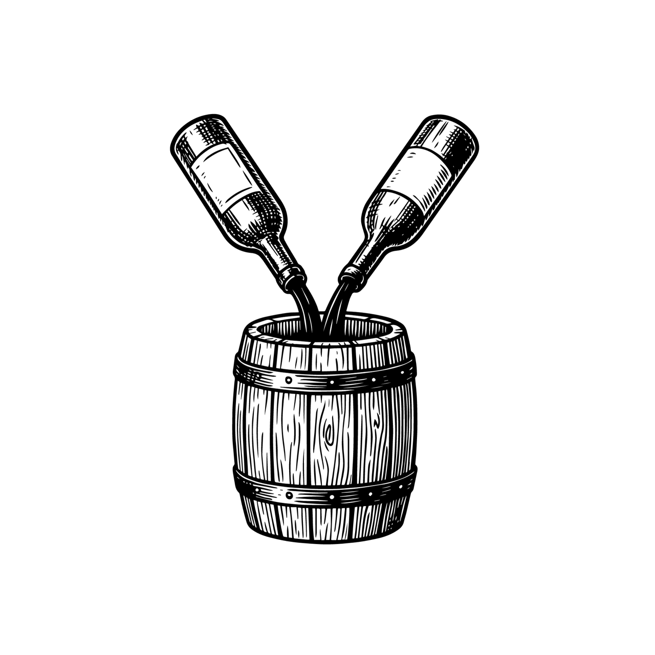 Illustration von zwei Flaschen, die in ein Holzfass einschenken, als weiße Linienzeichnung auf schwarzem Hintergrund